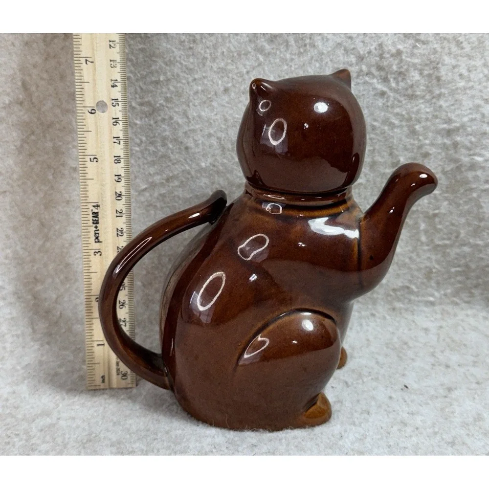 Vintage Brown Cat Chinese Ceramic‎ Tea Pot Glossy Glaze